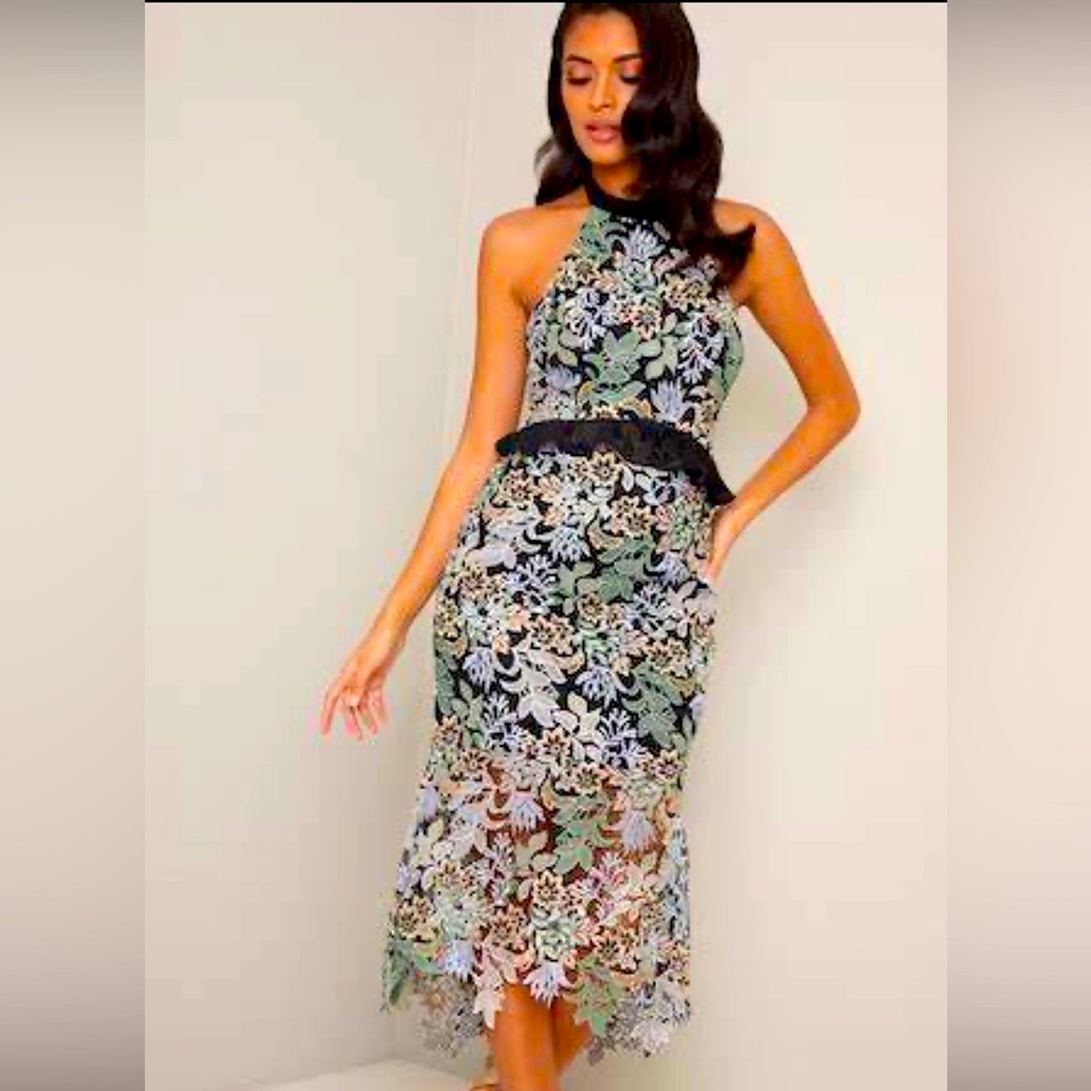 Chi-Chi halter neck lace crochet sheer ham midi dress, size us 6.